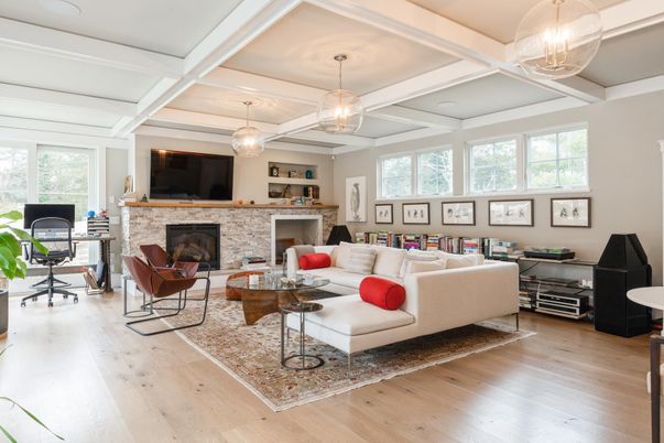 Fireplace, Interior, Living room, Pendant Lights, Wood Texture Flooring