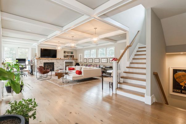 Fireplace, Interior, Living room, Pendant Lights, Wood Texture Flooring