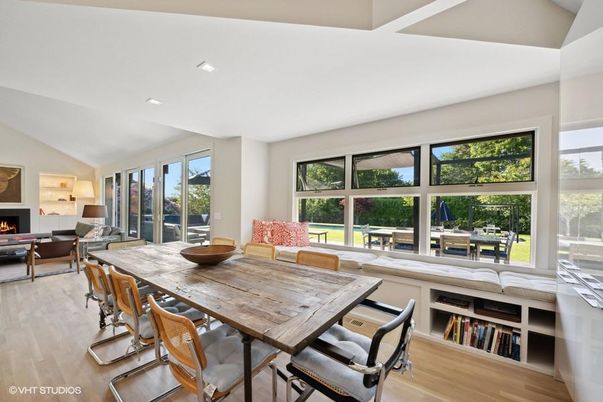 Dining room, Fireplace, Interior, Living room, Recessed Lighting, Wood Texture Flooring