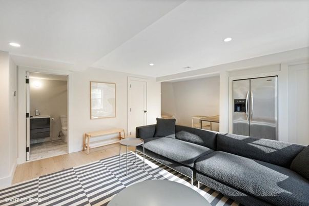 Interior, Living room, Recessed Lighting, Stainless Steel Appliances, Wood Texture Flooring