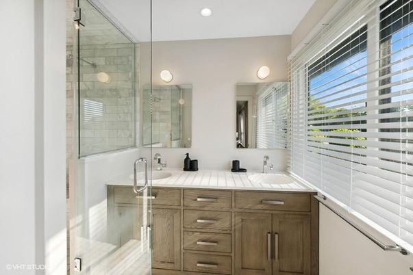 Bathroom, Dual Sink Vanities, Glass Shower, Interior, Recessed Lighting, Tile Countertops
