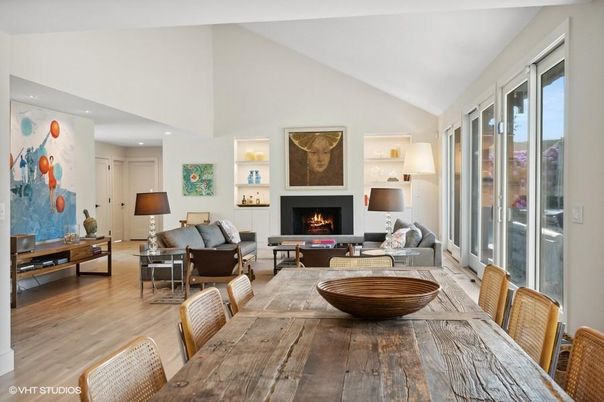 Dining room, Fireplace, Interior, Living room, Recessed Lighting, Wood Texture Flooring