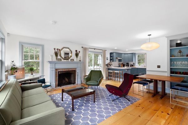 Dining room, Fireplace, Interior, Kitchen, Living room, Pendant Lights, Recessed Lighting, Wood Texture Flooring