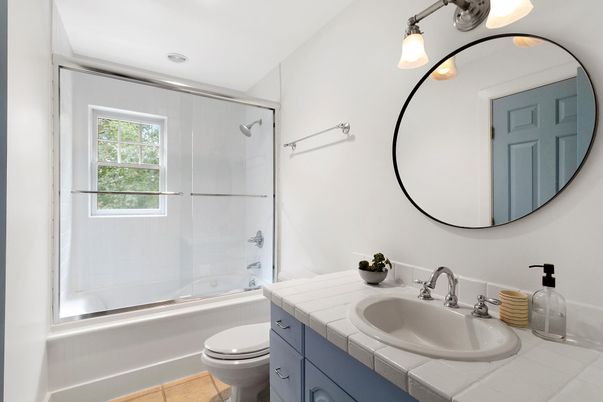 Bathroom, Glass Shower, Interior, Recessed Lighting, Tile Countertops