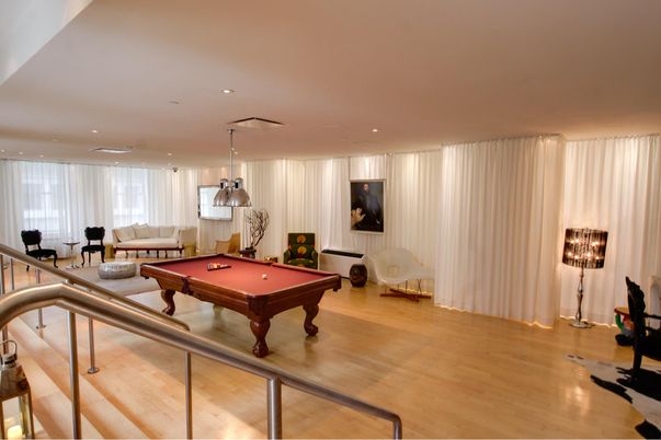 Billiard Table, Game Room, Interior, Pendant Lights, Recessed Lighting, Wood Texture Flooring