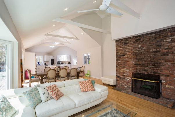 Dining room, Fireplace, Interior, Kitchen, Living room, Recessed Lighting, Stone Walls, Wood Texture Flooring
