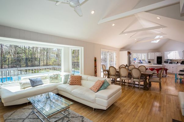 Dining room, Interior, Living room, Recessed Lighting, Wood Texture Flooring