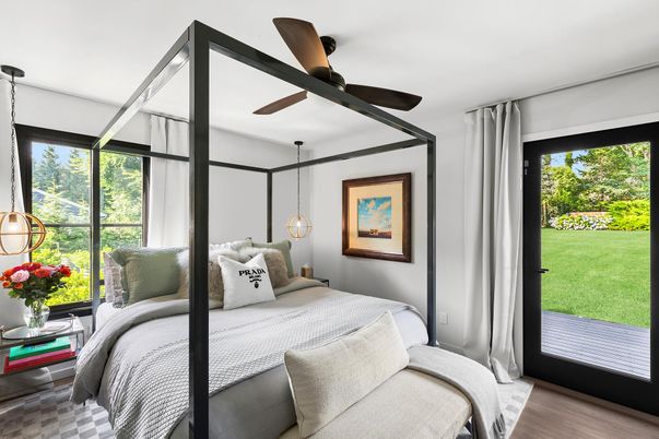 Bedroom, Interior, Pendant Lights, Wood Texture Flooring