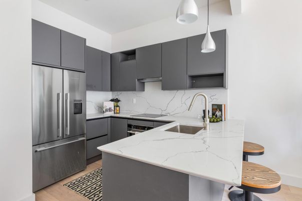 Interior, Kitchen, Marble Walls, Pendant Lights, Stainless Steel Appliances, Wood Texture Flooring