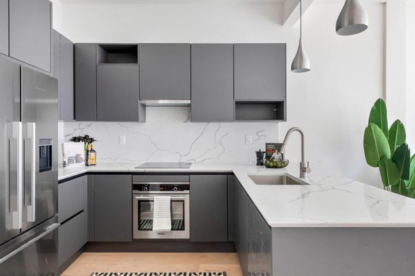 Interior, Kitchen, Marble Walls, Pendant Lights, Stainless Steel Appliances, Wood Texture Flooring