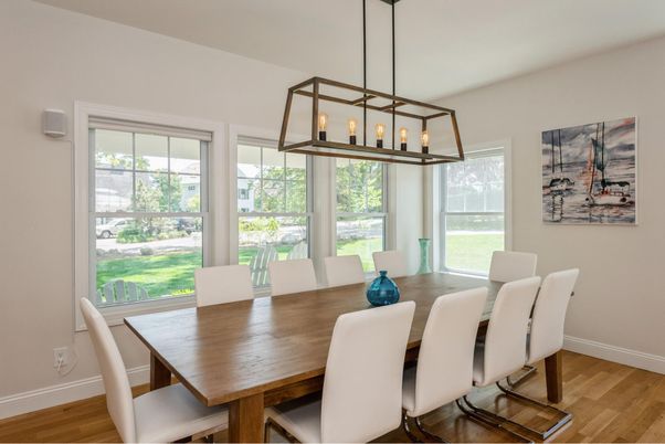 Dining room, Interior, Pendant Lights, Wood Texture Flooring