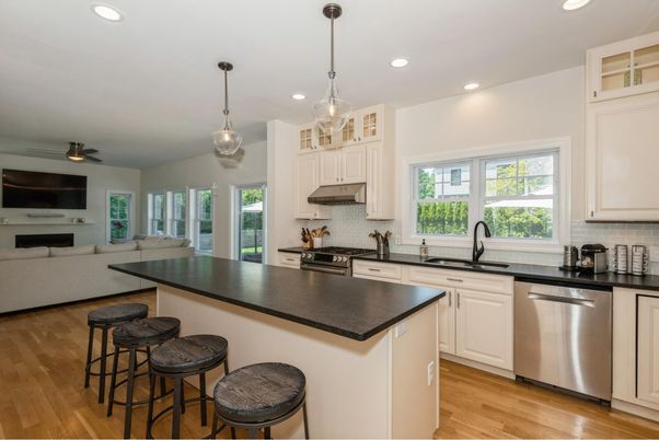 Interior, Kitchen, Living room, Pendant Lights, Recessed Lighting, Stainless Steel Appliances, Wood Texture Flooring