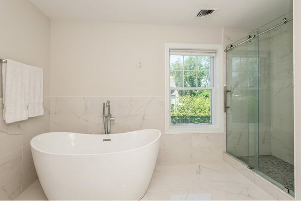 Bathroom, Free Standing Baths, Glass Shower, Interior, Marble, Marble Walls
