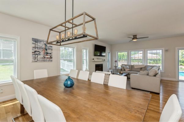 Dining room, Fireplace, Interior, Living room, Pendant Lights, Wood Texture Flooring