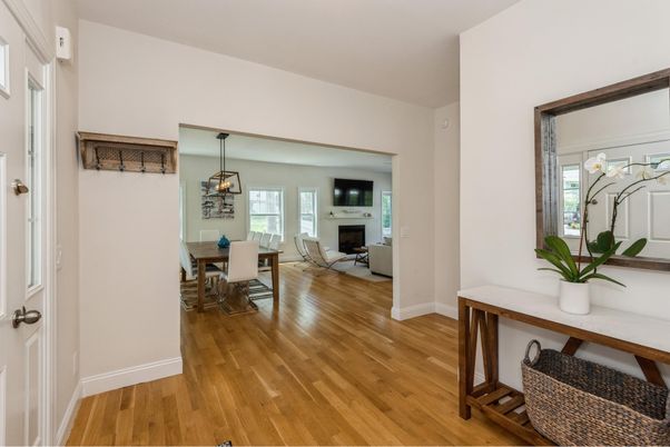 Dining room, Fireplace, Interior, Living room, Pendant Lights, Wood Texture Flooring