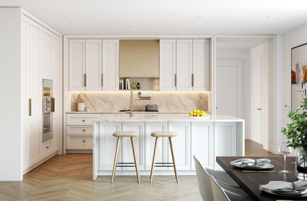 Interior, Kitchen, Marble Walls, Recessed Lighting, Stainless Steel Appliances, Wood Texture Flooring