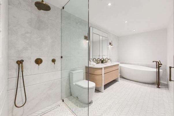 Bathroom, Free Standing Baths, Glass Shower, Interior, Recessed Lighting