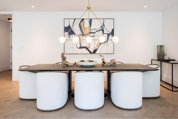 Dining room, Interior, Pendant Lights, Recessed Lighting, Wood Texture Flooring