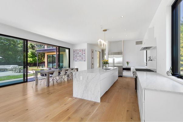 Dining room, Interior, Kitchen, Pendant Lights, Recessed Lighting, Stainless Steel Appliances, Wood Texture Flooring