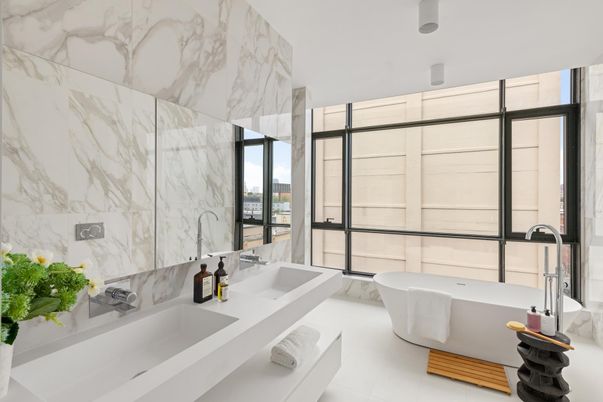 Bathroom, Dual Sink Vanities, Free Standing Baths, Glass Shower, Interior, Marble Walls