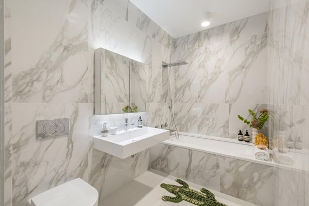 Bathroom, Interior, Marble Walls, Recessed Lighting