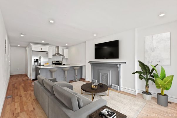 Fireplace, Interior, Kitchen, Living room, Recessed Lighting, Stainless Steel Appliances, Wood Texture Flooring