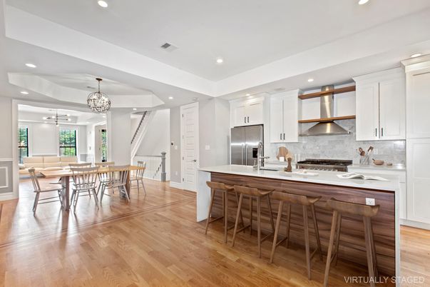 Chandelier, Dining room, Interior, Kitchen, Recessed Lighting, Stainless Steel Appliances, Wood Texture Flooring