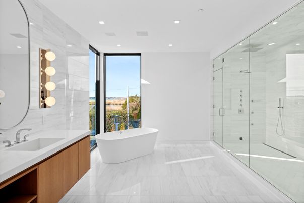 Bathroom, Dual Sink Vanities, Free Standing Baths, Glass Shower, Interior, Marble, Marble Walls, Recessed Lighting