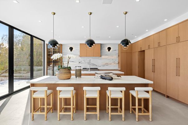 Interior, Kitchen, Marble Walls, Pendant Lights, Recessed Lighting