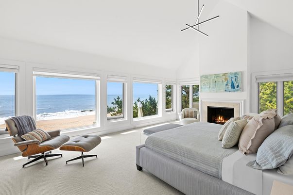 Bedroom, Fireplace, Interior, Pendant Lights, Water