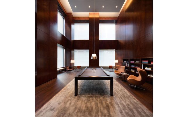 Billiard Table, Game Room, Interior, Pendant Lights, Recessed Lighting, Wood Texture Flooring, Wooden Walls