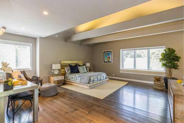Bedroom, Interior, Recessed Lighting, Wood Texture Flooring