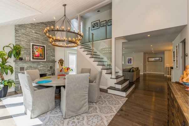 Chandelier, Dining room, Interior, Recessed Lighting, Stone Walls, Wood Texture Flooring