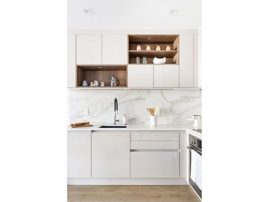 Interior, Kitchen, Marble Walls, Stainless Steel Appliances, Wood Texture Flooring