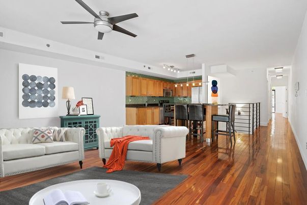 Interior, Kitchen, Living room, Pendant Lights, Wood Texture Flooring