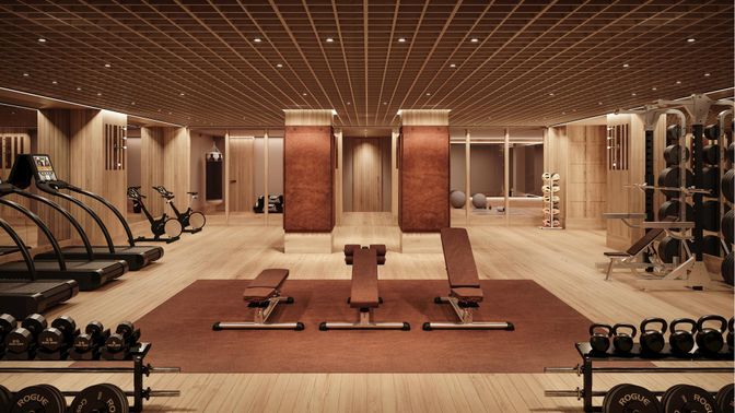 Fitness Equipment, Gym, Interior, Recessed Lighting, Wood Texture Flooring