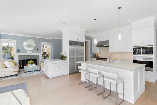 Fireplace, Interior, Kitchen, Living room, Pendant Lights, Recessed Lighting, Stainless Steel Appliances, Wood Texture Flooring