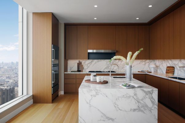 Interior, Kitchen, Marble Walls, Recessed Lighting, Stainless Steel Appliances, Wood Texture Flooring