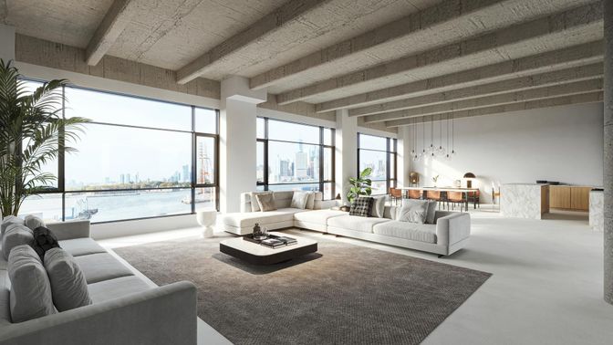 Dining room, Interior, Living room, Pendant Lights, Water, Wooden Beams