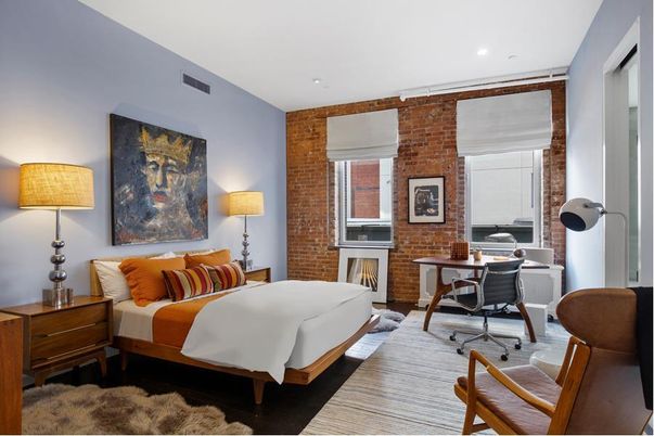 Bedroom, Home Office, Interior, Recessed Lighting, Stone Walls, Wood Texture Flooring