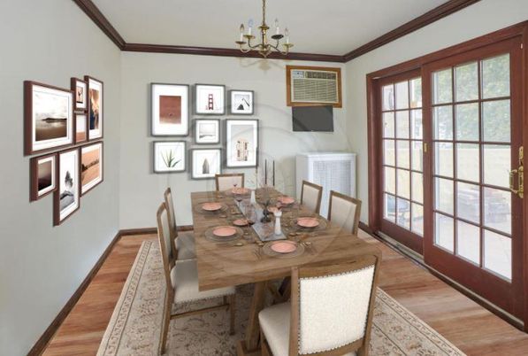 Dining room, Interior, Pendant Lights, Wood Texture Flooring