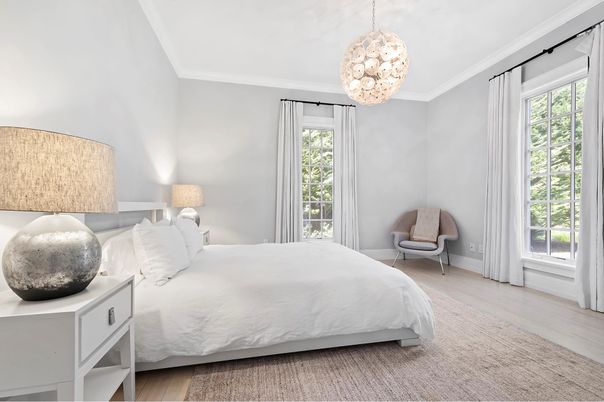 Bedroom, Interior, Pendant Lights, Wood Texture Flooring