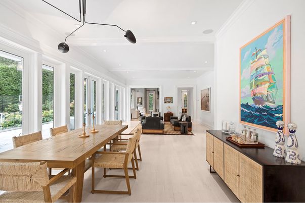 Dining room, Interior, Living room, Recessed Lighting, Wood Texture Flooring