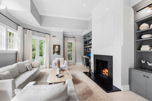 Fireplace, Interior, Living room, Recessed Lighting, Wood Texture Flooring