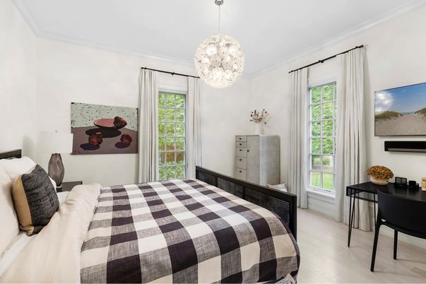 Bedroom, Interior, Pendant Lights, Wood Texture Flooring