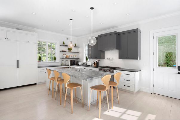 Interior, Kitchen, Pendant Lights, Recessed Lighting, Stainless Steel Appliances, Wood Texture Flooring