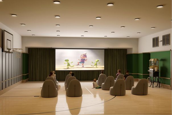 Interior, Projection Screen, Recessed Lighting, Theatre Room, Wood Texture Flooring
