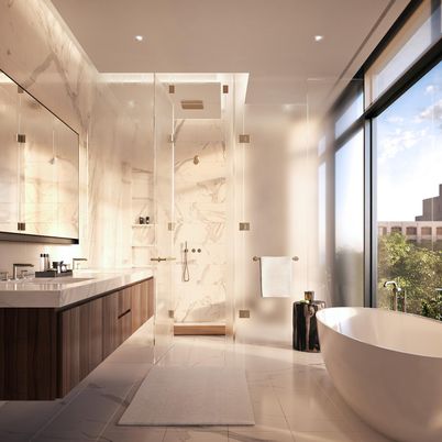Bathroom, Free Standing Baths, Glass Shower, Interior, Marble, Marble Walls, Recessed Lighting