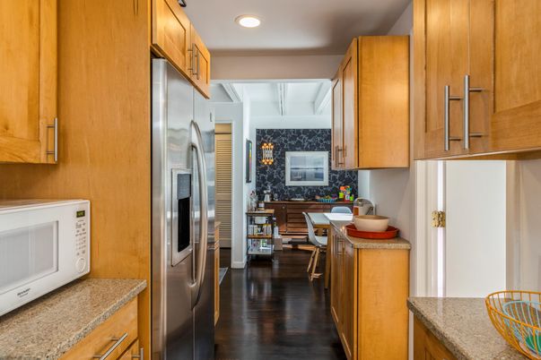 Dining room, Interior, Kitchen, Recessed Lighting, Stainless Steel Appliances, Wood Texture Flooring