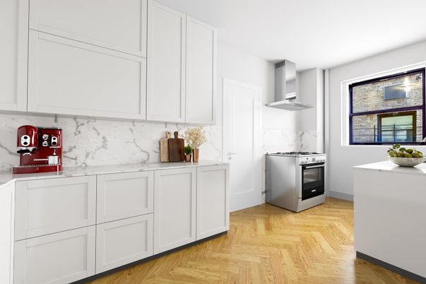Interior, Kitchen, Marble Walls, Wood Texture Flooring